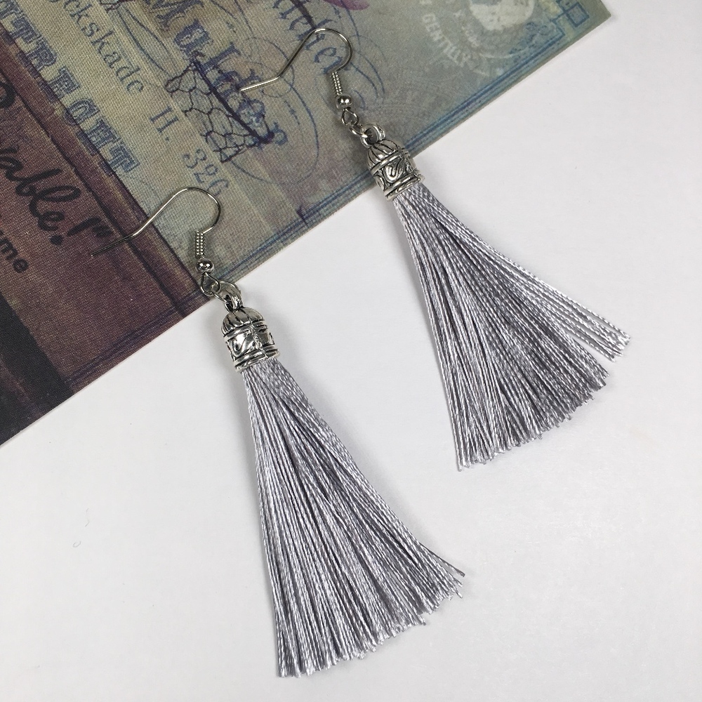 Gray Tassel Drop Earrings - Picture 6 of 6